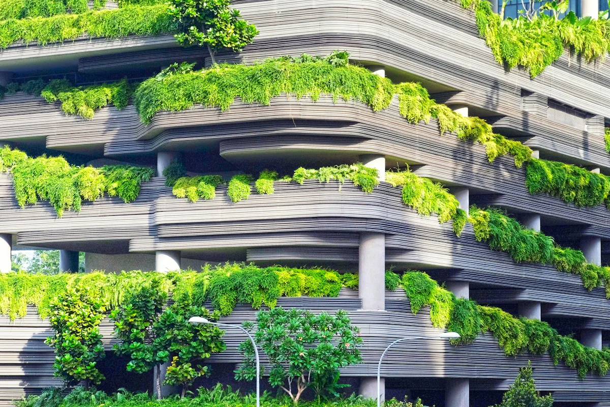 Tiered concrete floors overflowing with green planting