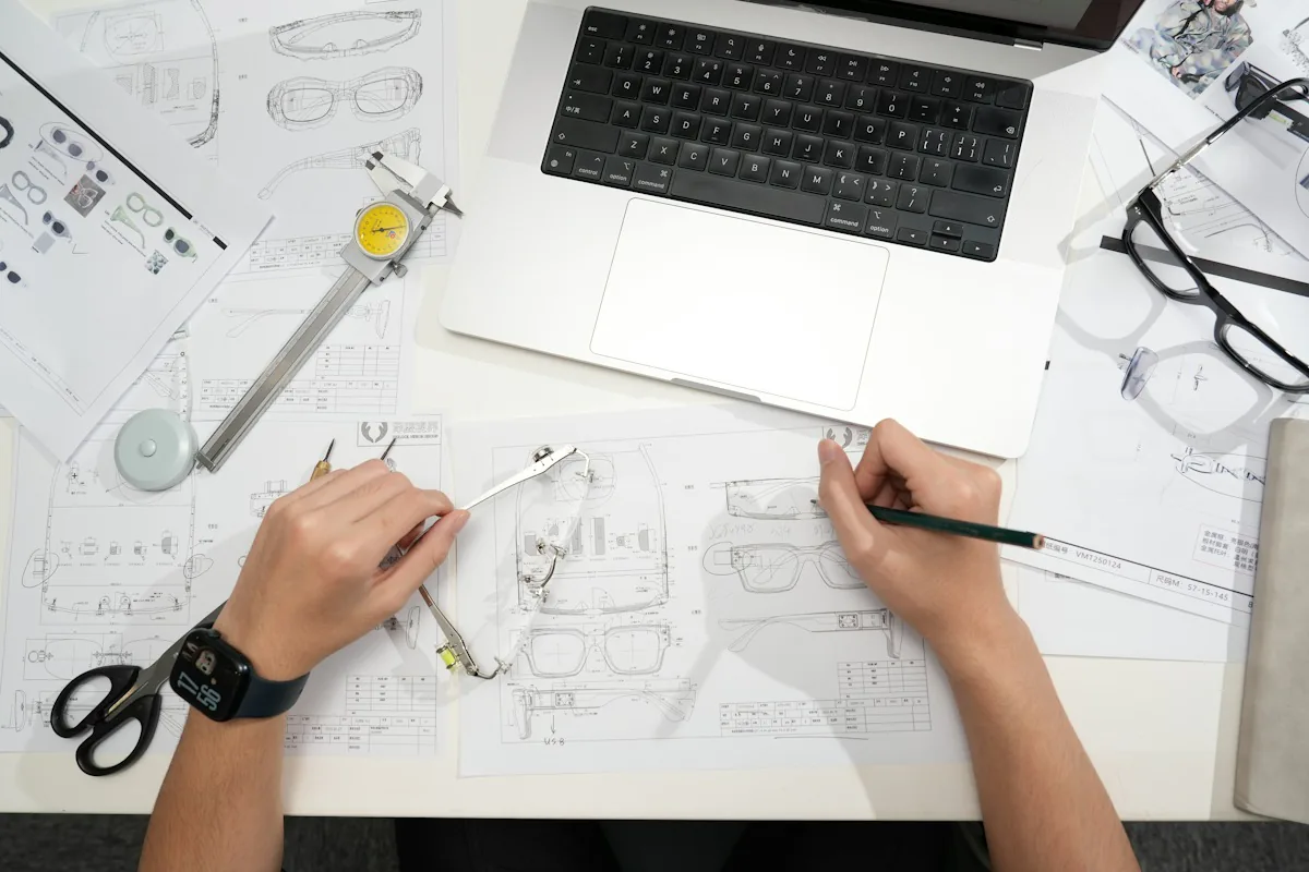 Hands drafting designs for glasses on a white desk among tools, sketches and a laptop