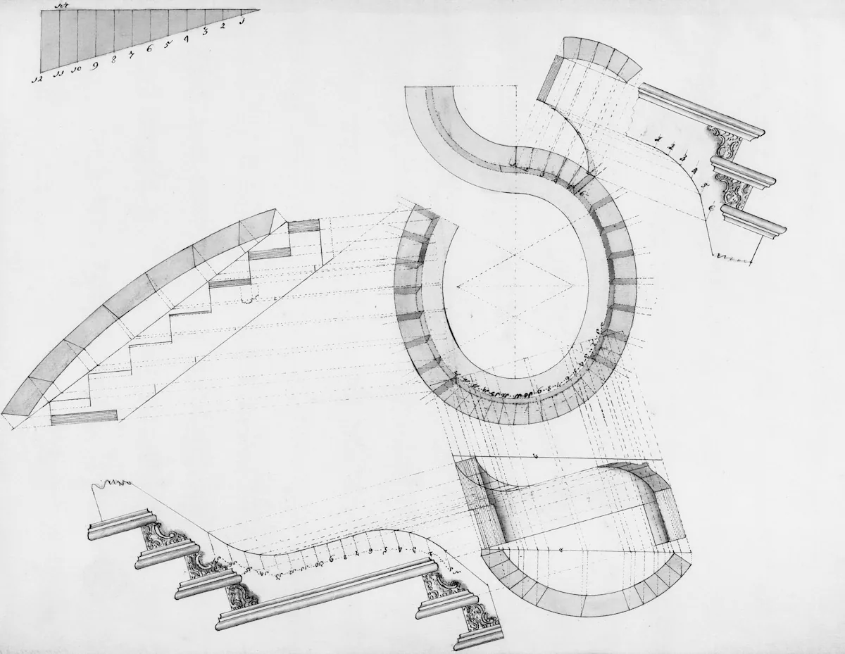 Pencil drawings of curved stairs and a spiral, worked out on white paper